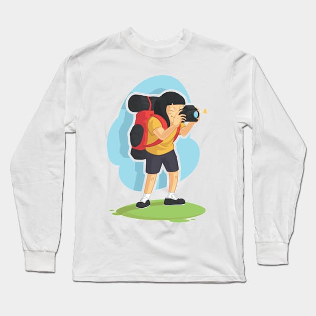 Backpacker Girl Taking Photo Long Sleeve T-Shirt by Asykar